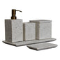 Trazzo 5-piece Bathroom Set by Maple Manor with grey speckled stone and bronze pump dispenser and trays.