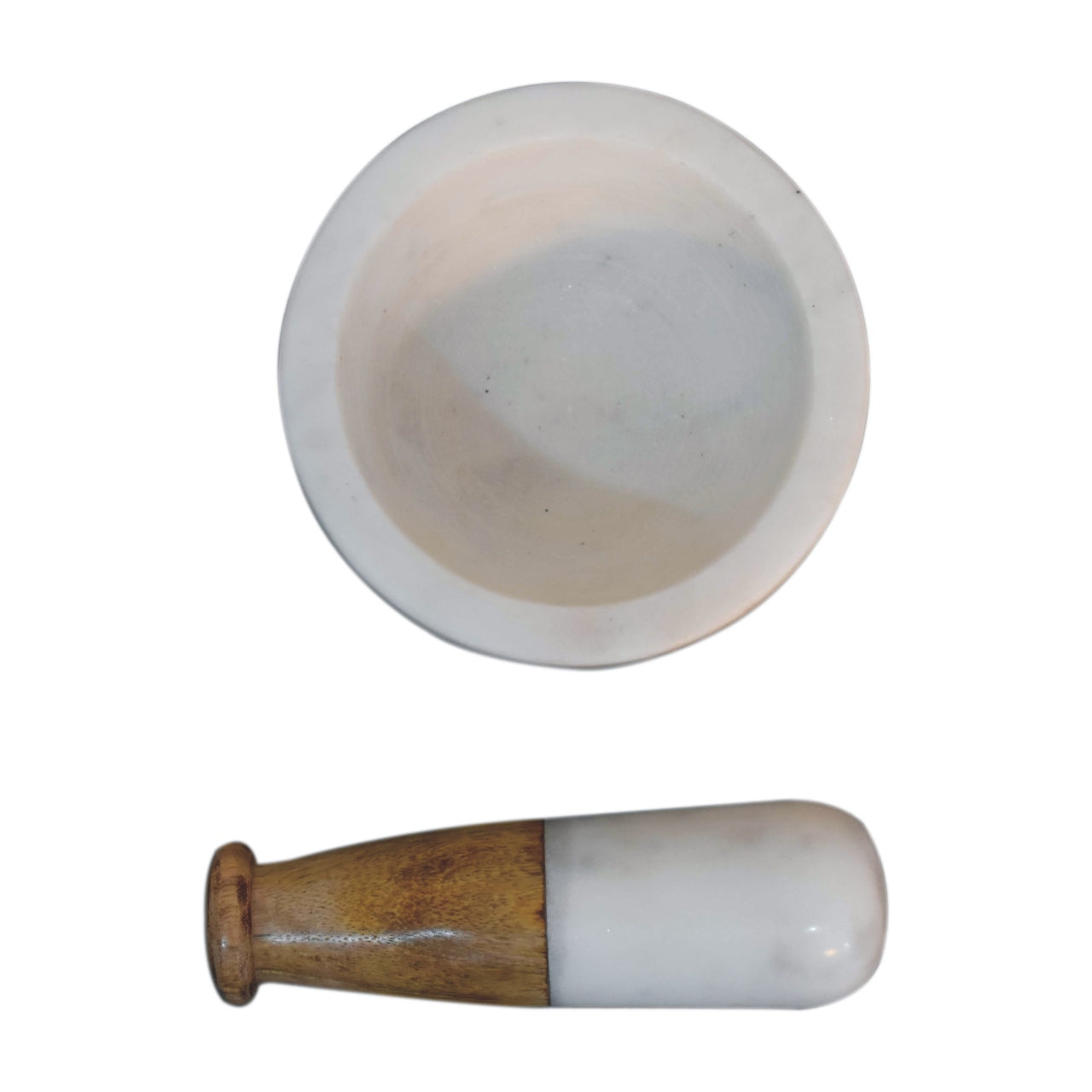 mortar and pestle, meticulously handcrafted from natural white marble and paired with a smooth wooden-accent handle