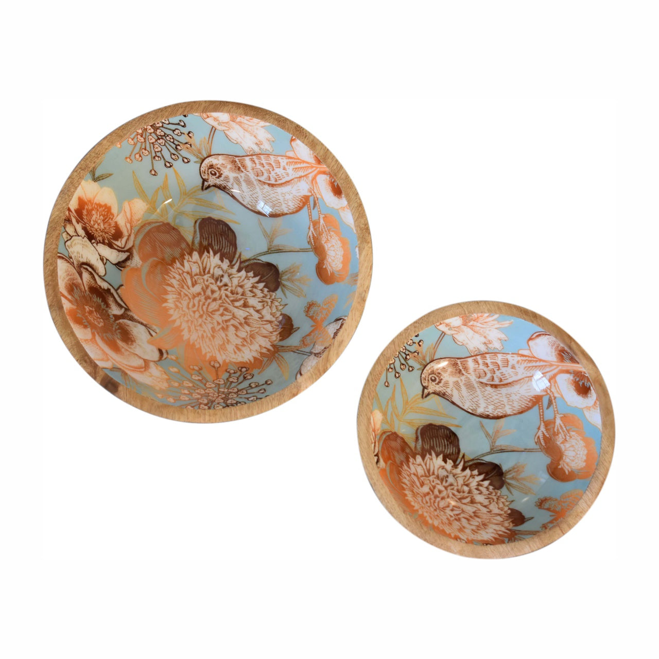 Floral Bird Bowl Set of 2 by Maple Manor in solid wood with mango wood rims and orange bird floral print