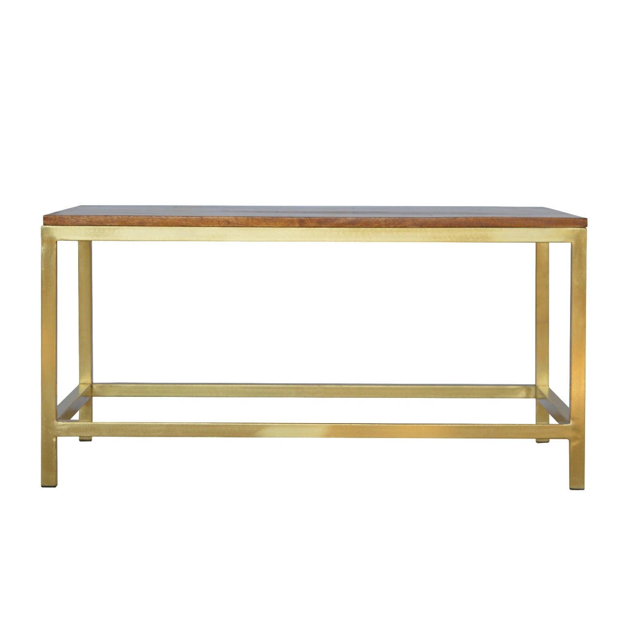 Coffee Table Rectangle Gold Maple Manor coffee table in gold frame with solid wood top and open shelf.