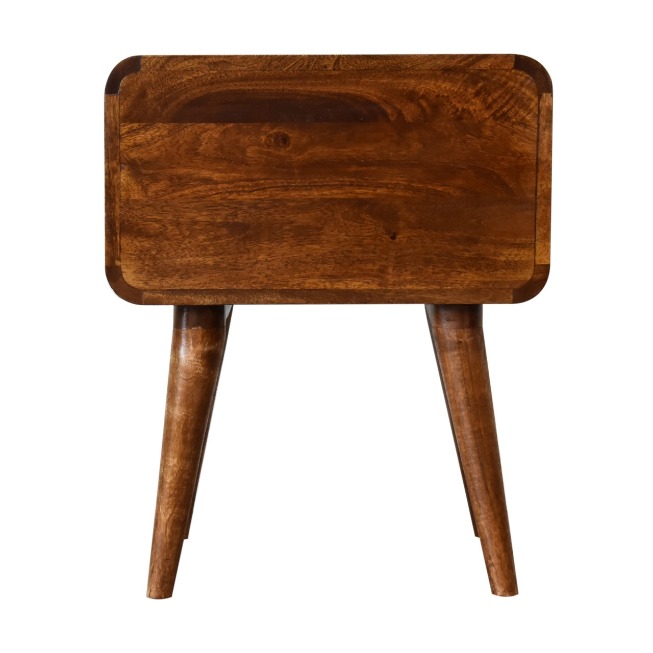 Chestnut Bedside Curved by Maple Manor bedside table in solid wood, curved top and tapered legs—warm grain.