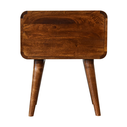 Chestnut Bedside Curved by Maple Manor bedside table in solid wood, curved top and tapered legs—warm grain.