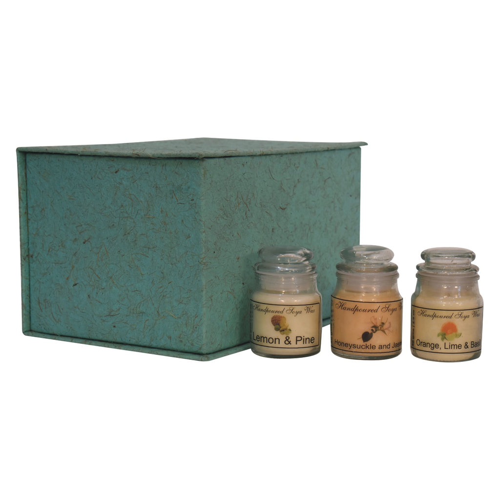 3 scented hourglass candles, include Lemon &amp; Pine, Honeysuckle &amp; Jasmine and Orange, Lime