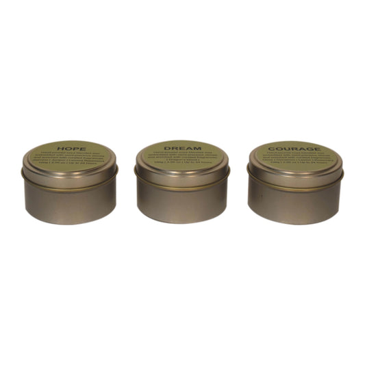 Candle Set (Courage, Dream, Hope) by Maple Manor in olive metal tins with green lids, three scents