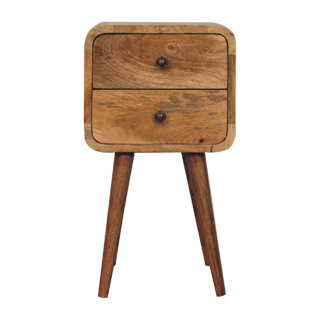 Mini Oak-ish Bedside Curved by Maple Manor with two drawers in warm wood grain on tapered legs