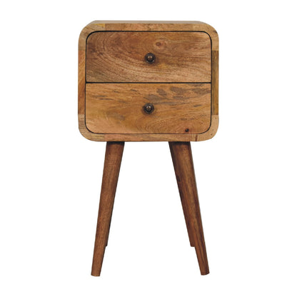 Mini Oak-ish Bedside Curved by Maple Manor with two drawers in warm wood grain on tapered legs