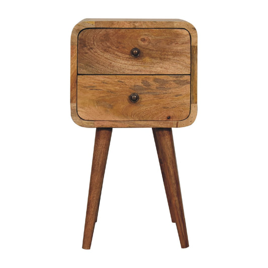 Mini Oak-ish Bedside Curved by Maple Manor with two drawers in warm wood grain on tapered legs