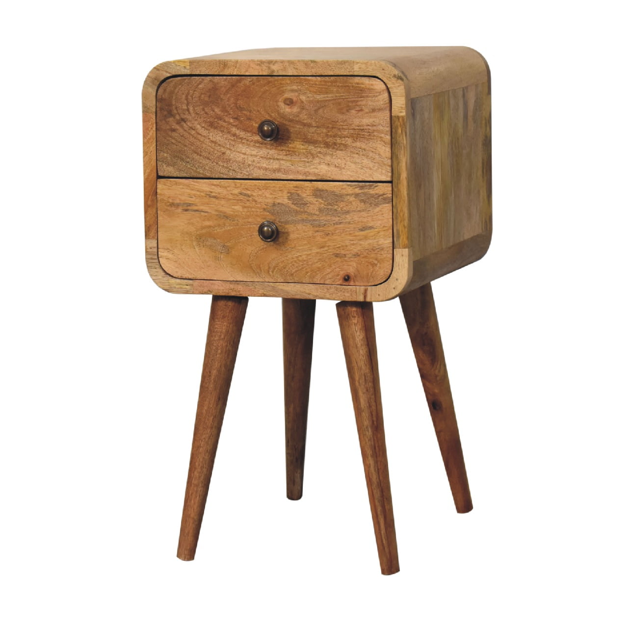 Mini Oak-ish Bedside Curved Maple Manor bedside table in solid wood with two drawers, rounded front, dark knobs.