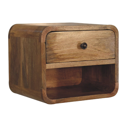 Wall mounted Bedside - Mini Curved Oak finish by Maple Manor, solid wood bedside cabinet with drawer and knob