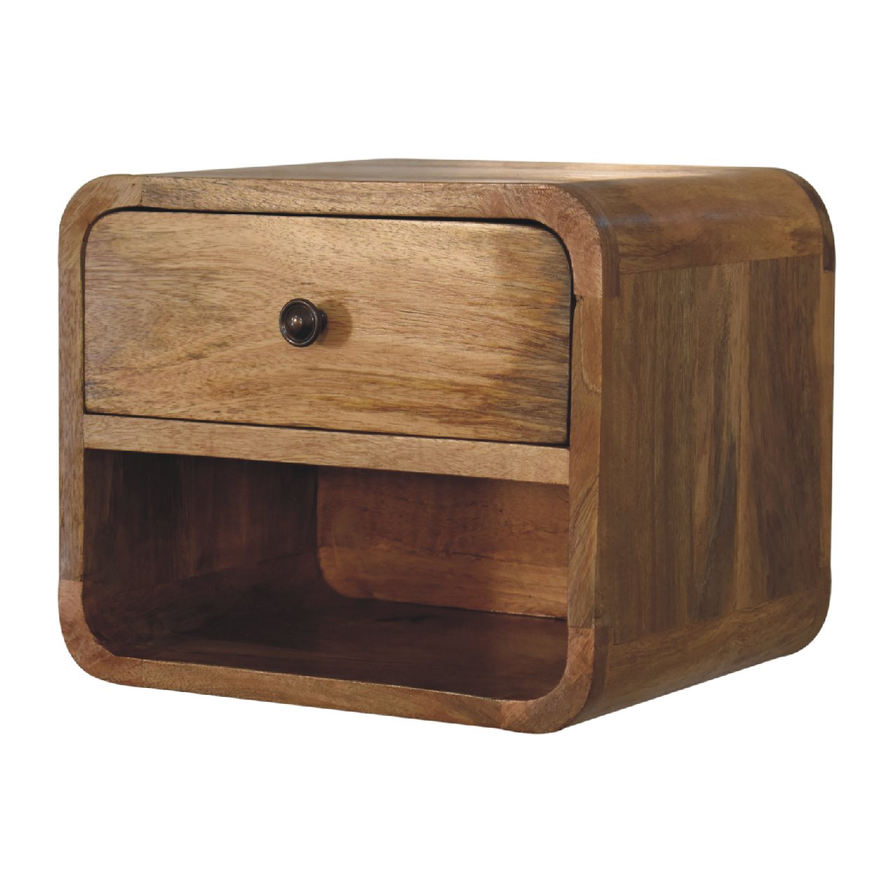 Wall mounted Bedside - Mini Curved Oak finish by Maple Manor solid wood bedside table with drawer and round knob
