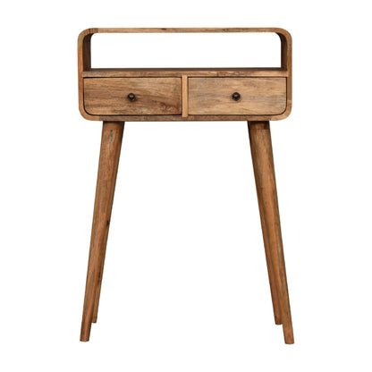 Oak-ish Console Table Mini Curved by Maple Manor, solid wood hallway console with curved frame and two drawers