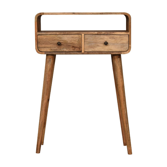Oak-ish Console Table Mini Curved by Maple Manor, solid wood hallway console with curved frame and two drawers