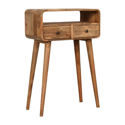 Oak-ish Console Table Mini Curved by Maple Manor console table in solid wood with two drawers and round knobs