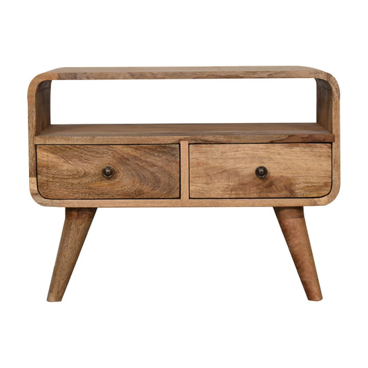 Oak-ish Media Unit Mini Curved by Maple Manor, solid wood media console with two drawers and curved shelf.
