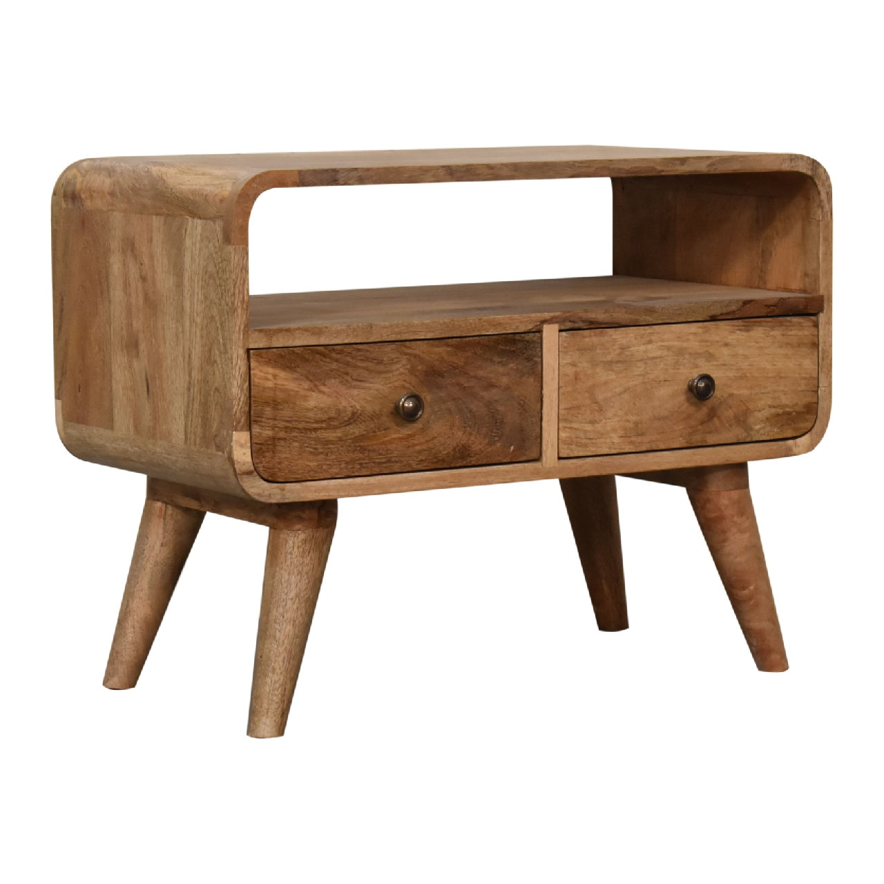 Oak-ish Media Unit Mini Curved by Maple Manor, solid wood media unit with curved frame and two drawer fronts