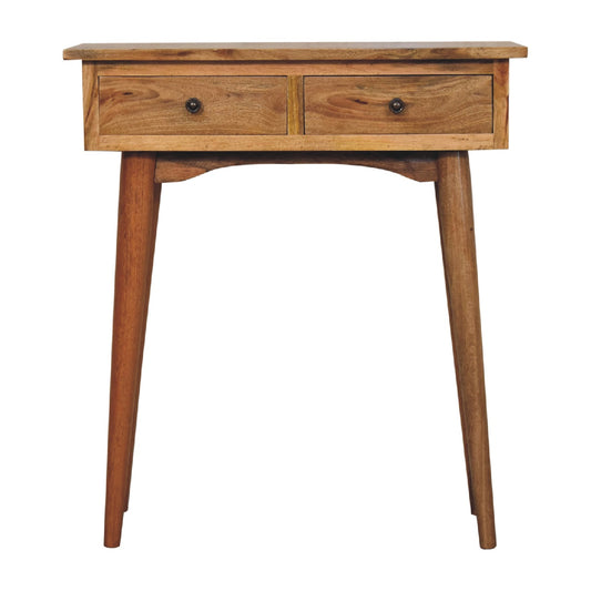 Mini Oak-ish Console Table by Maple Manor, solid wood with two drawers and black knobs.