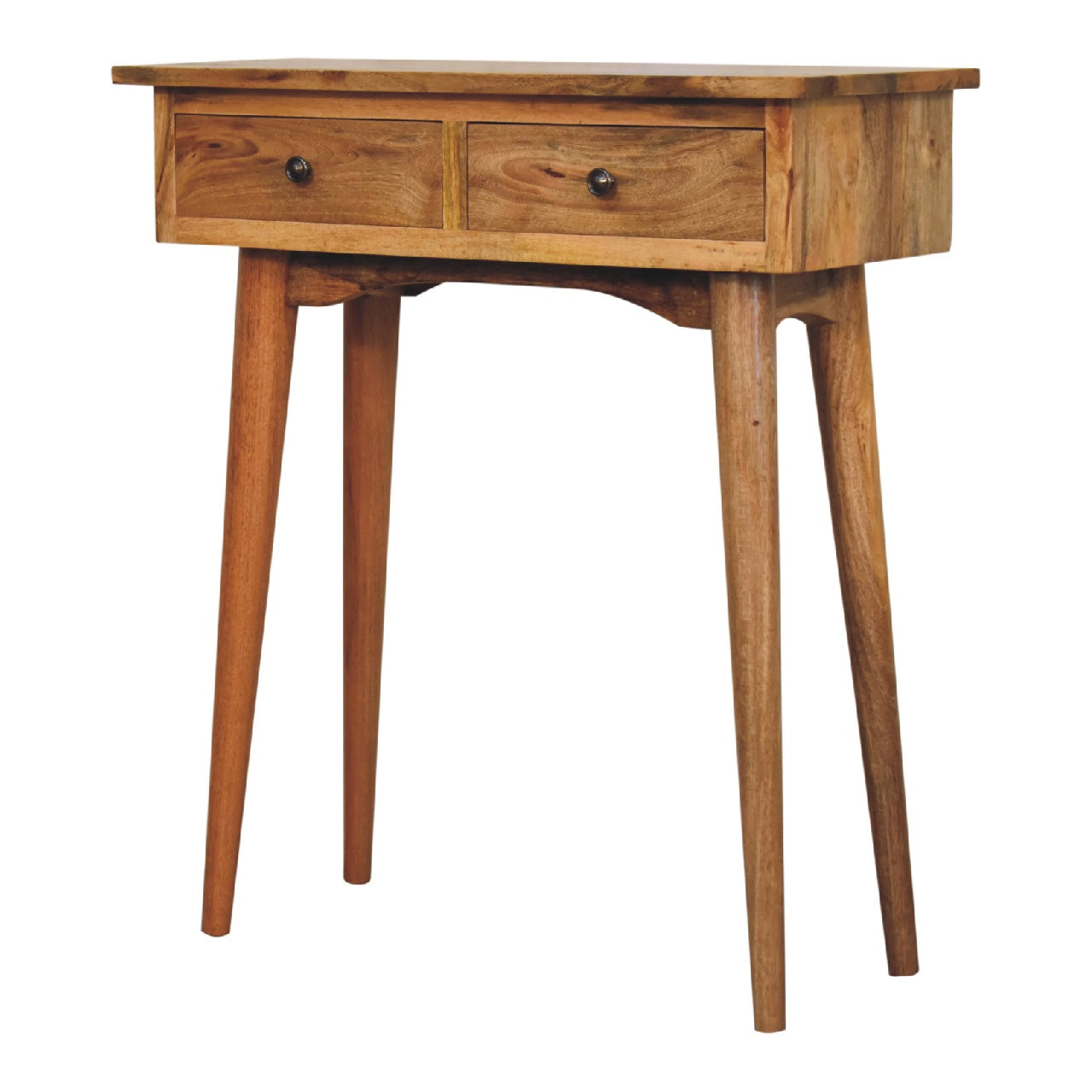 Mini Oak-ish Console Table by Maple Manor, solid wood hallway console with two drawers in honey brown.