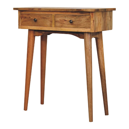 Mini Oak-ish Console Table by Maple Manor, solid wood hallway console with two drawers in honey brown.
