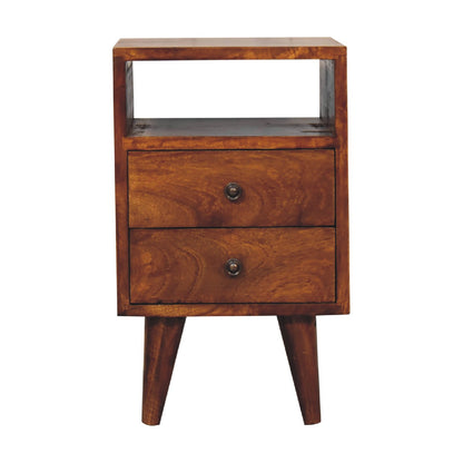 Chestnut Bedside Mini Classic by Maple Manor solid wood nightstand in chestnut with two drawers and knobs.