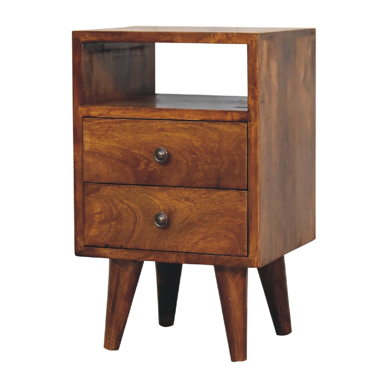 Chestnut Bedside Mini Classic by Maple Manor, solid wood bedside table with two drawers and round knobs.
