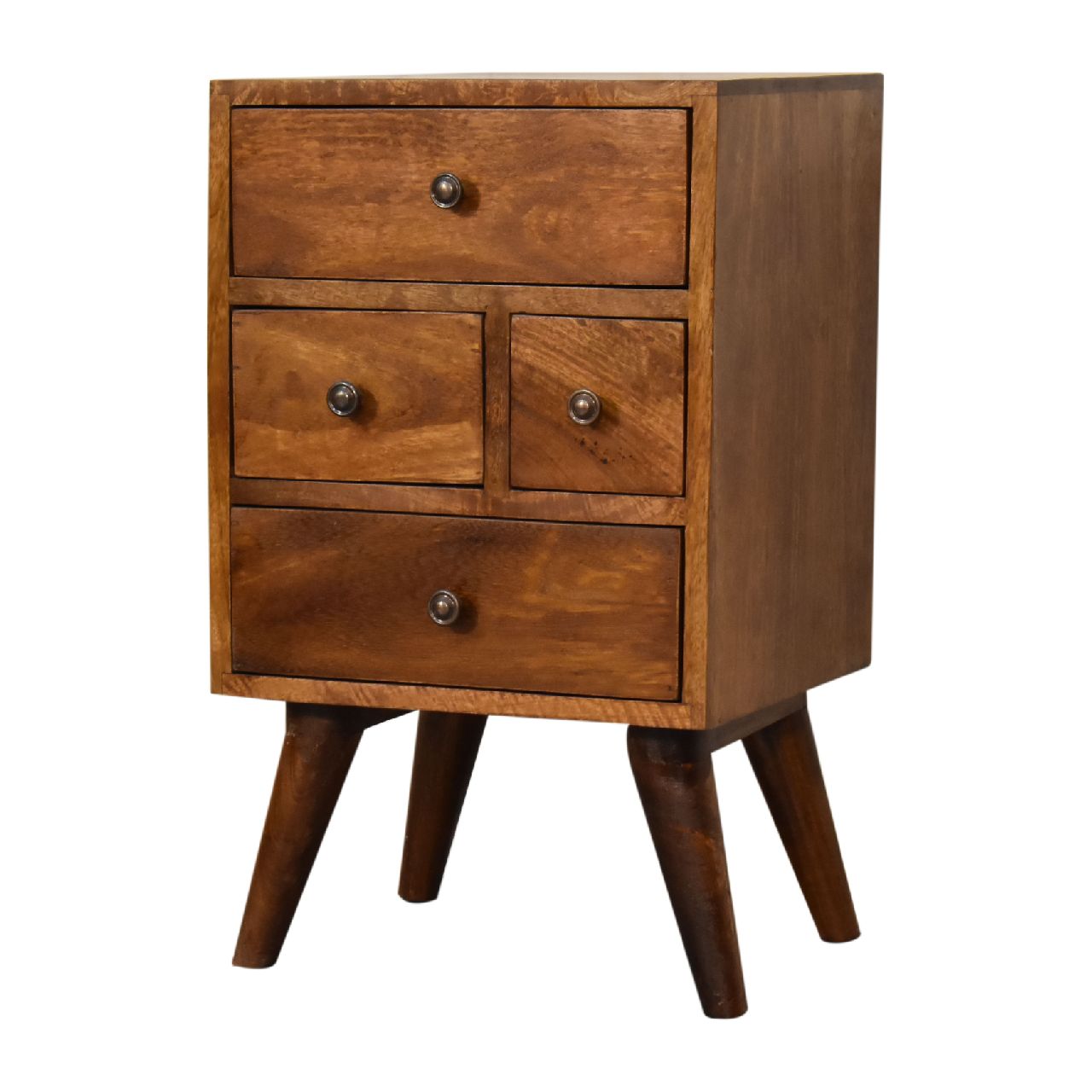 Chestnut Bedside 4 Drawer Multi by Maple Manor bedside table in warm chestnut wood with four drawers and round knobs