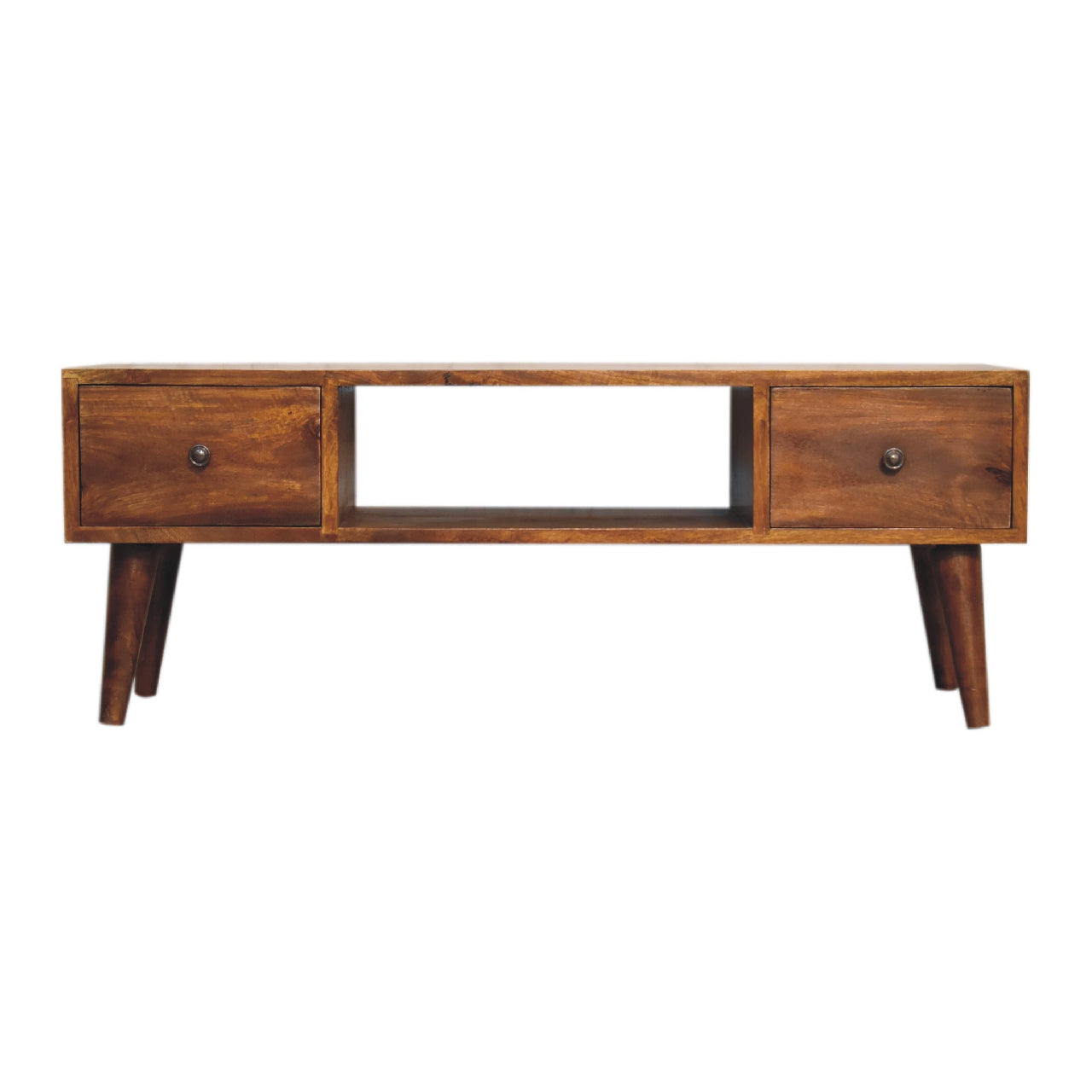 Chestnut Coffee Table Classic by Maple Manor, solid wood with two drawers and center shelf.
