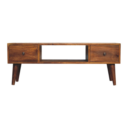 Chestnut Coffee Table Classic by Maple Manor, solid wood with two drawers and center shelf.