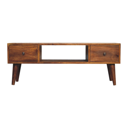 Chestnut Coffee Table Classic by Maple Manor, solid wood with two drawers and center shelf.