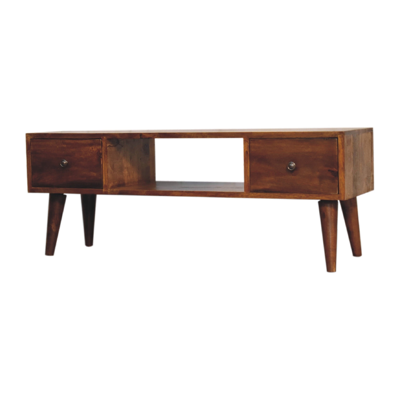 Chestnut Coffee Table Classic by Maple Manor solid wood living room coffee table with two drawers and metal knobs