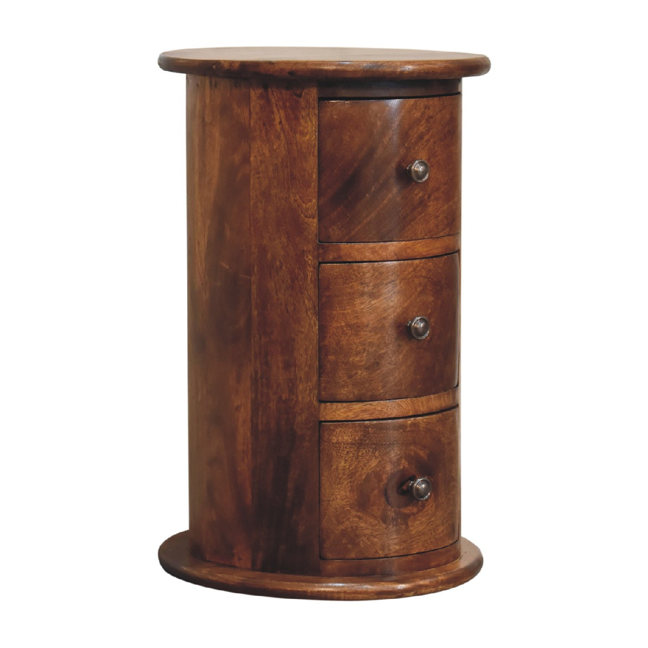 Chestnut Chest Bedside Drum Mini by Maple Manor solid wood bedside table with three drawers and metal knobs