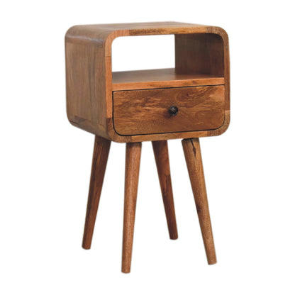Mini Oakish Curve Open Bedside by Maple Manor, light brown mango wood bedside table with open shelf and drawer