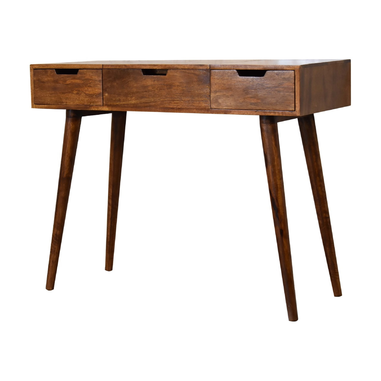 Chestnut Vanity - Foldable Mirror Table by Maple Manor, solid wood vanity table with three drawers