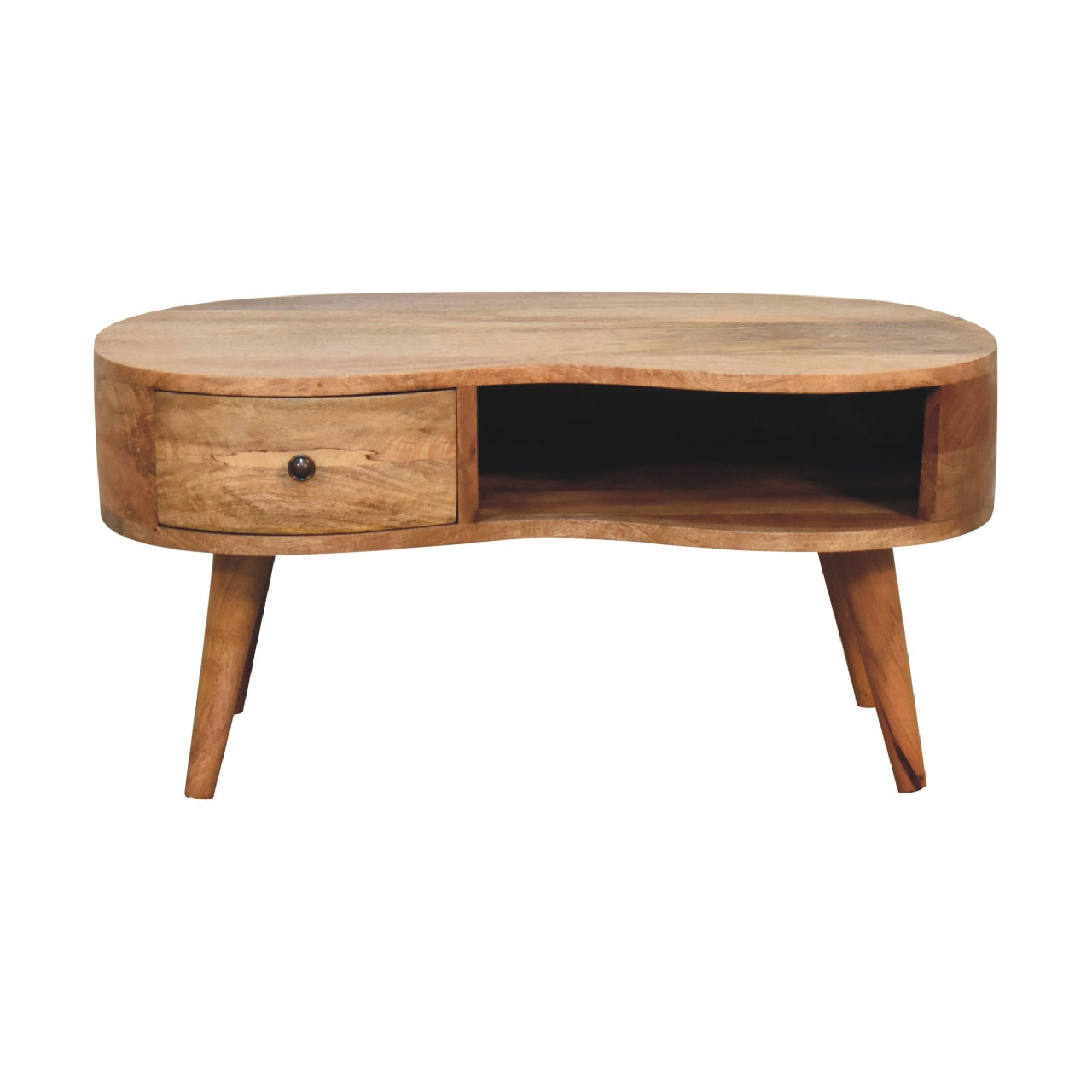Oak-ish Coffee Table Wave by Maple Manor coffee table in solid wood, curved wave top with drawer and open shelf