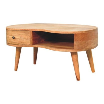 Oak-ish Coffee Table Wave by Maple Manor round coffee table in solid wood with drawer and open shelf