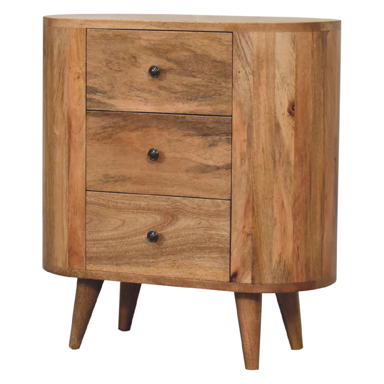 Oak-ish Cabinet Mini by Maple Manor in solid wood with three drawers and round knobs, natural finish.