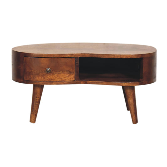Coffee Table - Mini Chesnut Wave by Maple Manor, solid wood round design with drawer and wave front