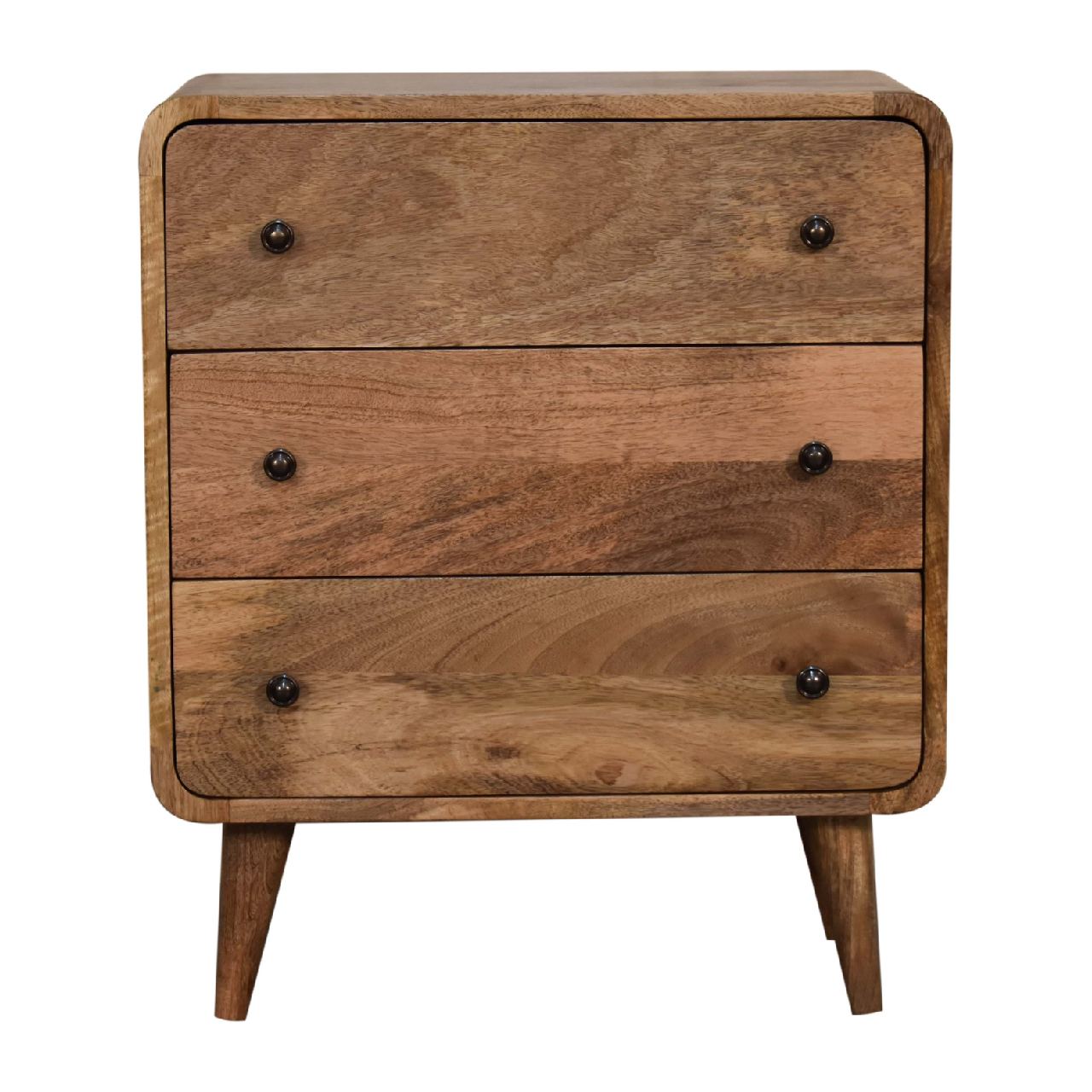 Oak-ish Chest of Drawers Mini Curved by Maple Manor solid wood with three drawers and round black knobs