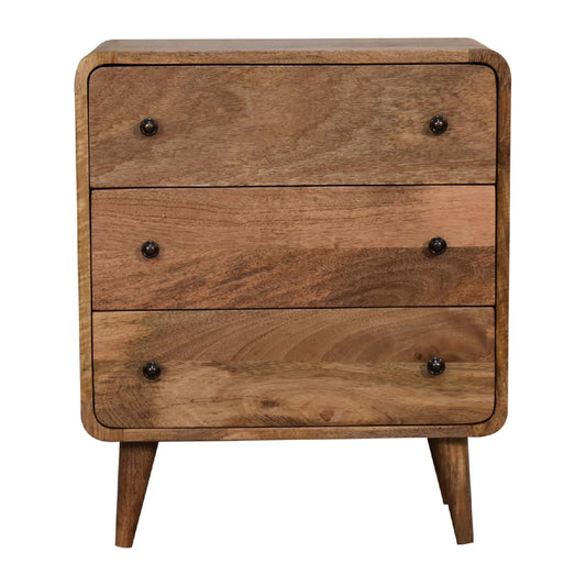 Oak-ish Chest of Drawers Mini Curved by Maple Manor solid wood with three drawers and round black knobs