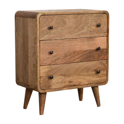 Oak-ish Chest of Drawers Mini Curved by Maple Manor in solid wood with curved front and round knobs.