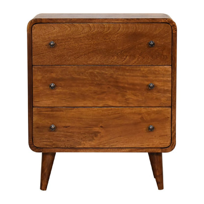 Chestnut Chest of Drawers - Mini Curved by Maple Manor, solid wood hallway storage with three curved drawers and knobs