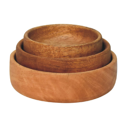 Solid Wood Fruit Bowl Set of 3 by Maple Manor, solid wood nesting bowls in warm honey-brown grain