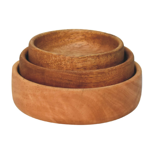 Solid Wood Fruit Bowl Set of 3 by Maple Manor, solid wood nesting bowls in warm honey-brown grain
