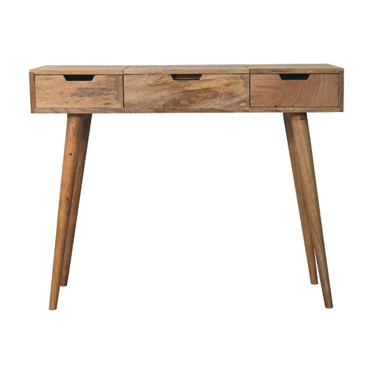 Oak-ish Dressing Table by Maple Manor, solid wood vanity in natural light grain with three drawers and black pulls.