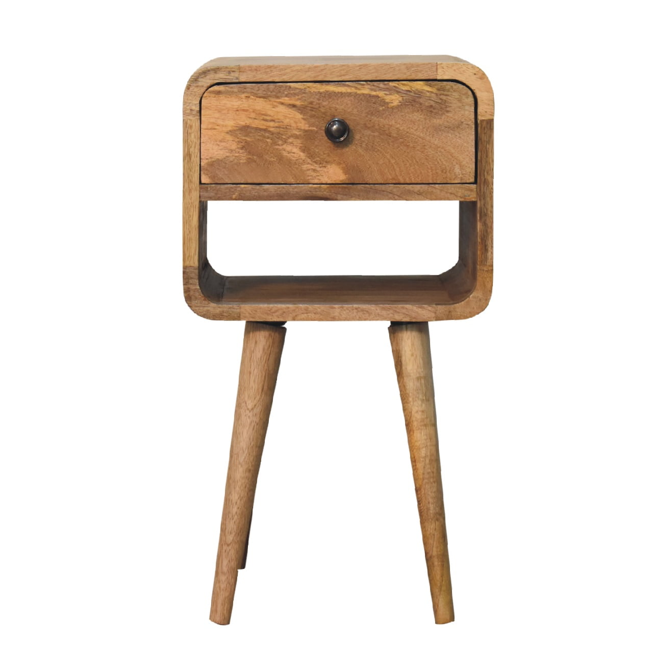 Mini Oak-ish Bedside Curve Lower Maple Manor bedside table in solid wood with drawer and round knob.