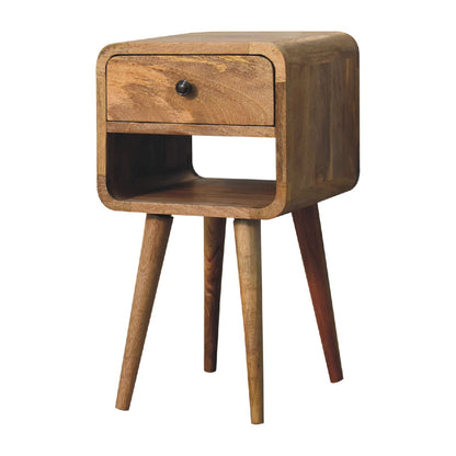 Mini Oak-ish Bedside Curve Lower by Maple Manor bedside table in solid wood with drawer and open shelf