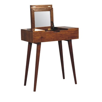 Chestnut Vanity Mini Fold by Maple Manor, solid wood dressing table with open mirror and two-tier drawers on legs.