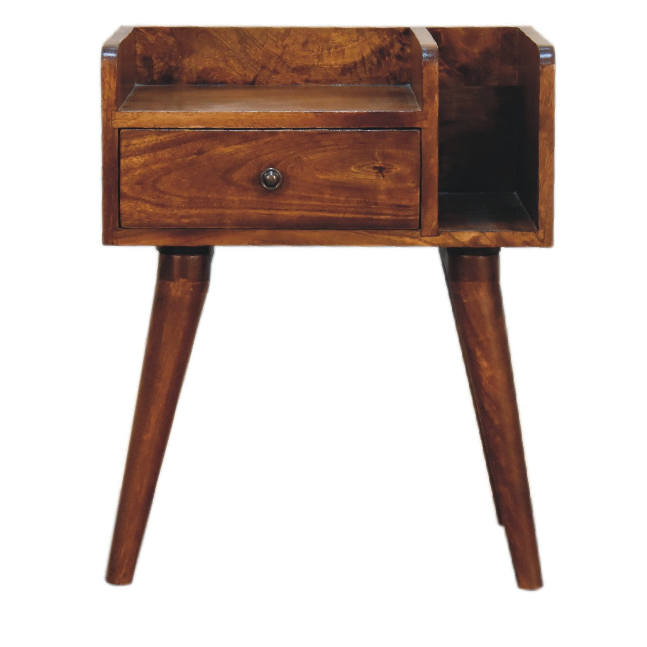 Chestnut Bedside Table - Mango Wood by Maple Manor with solid wood drawer front and open shelf in chestnut