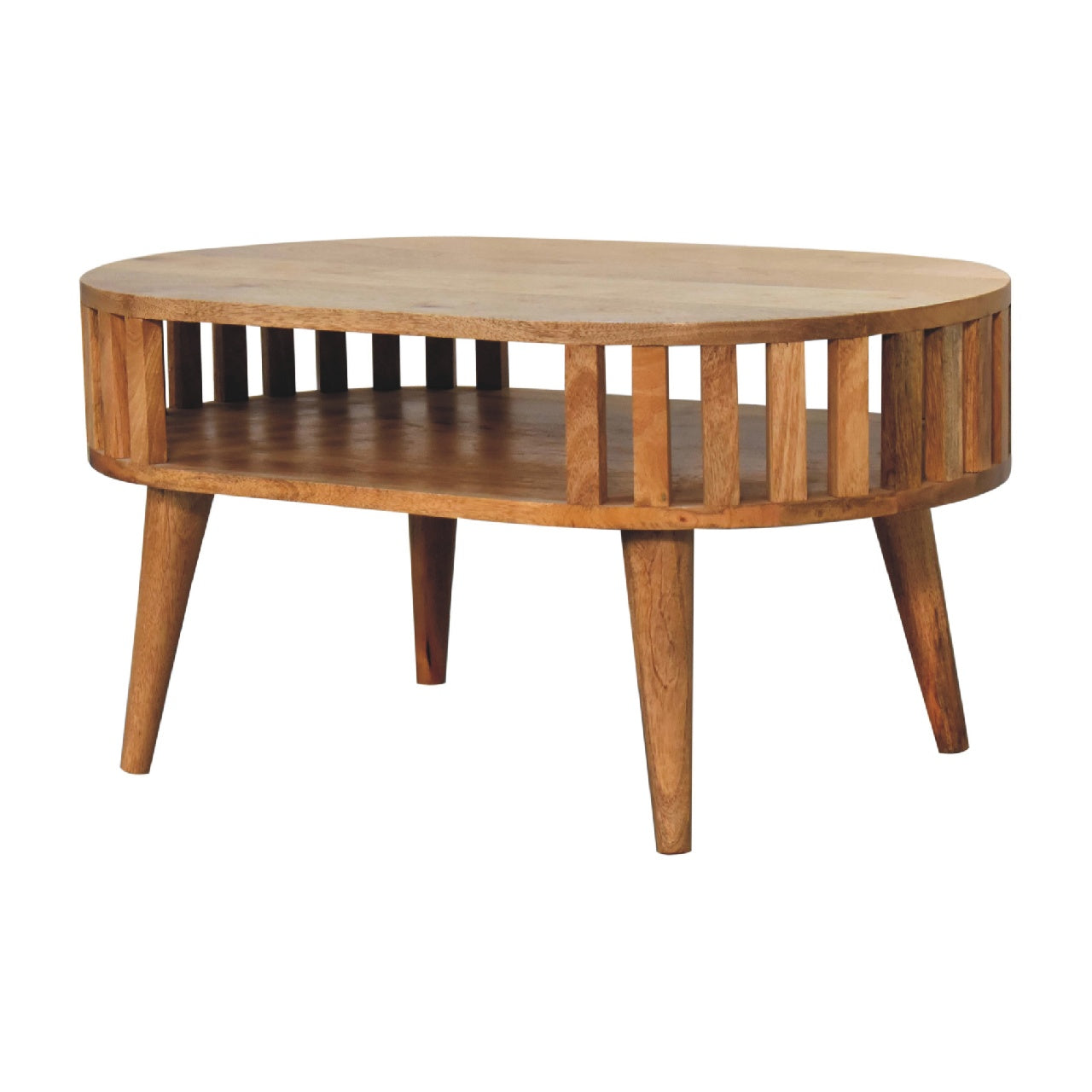 Coffee Table Ariella by Maple Manor, solid wood coffee table with rounded top and open slatted shelf.