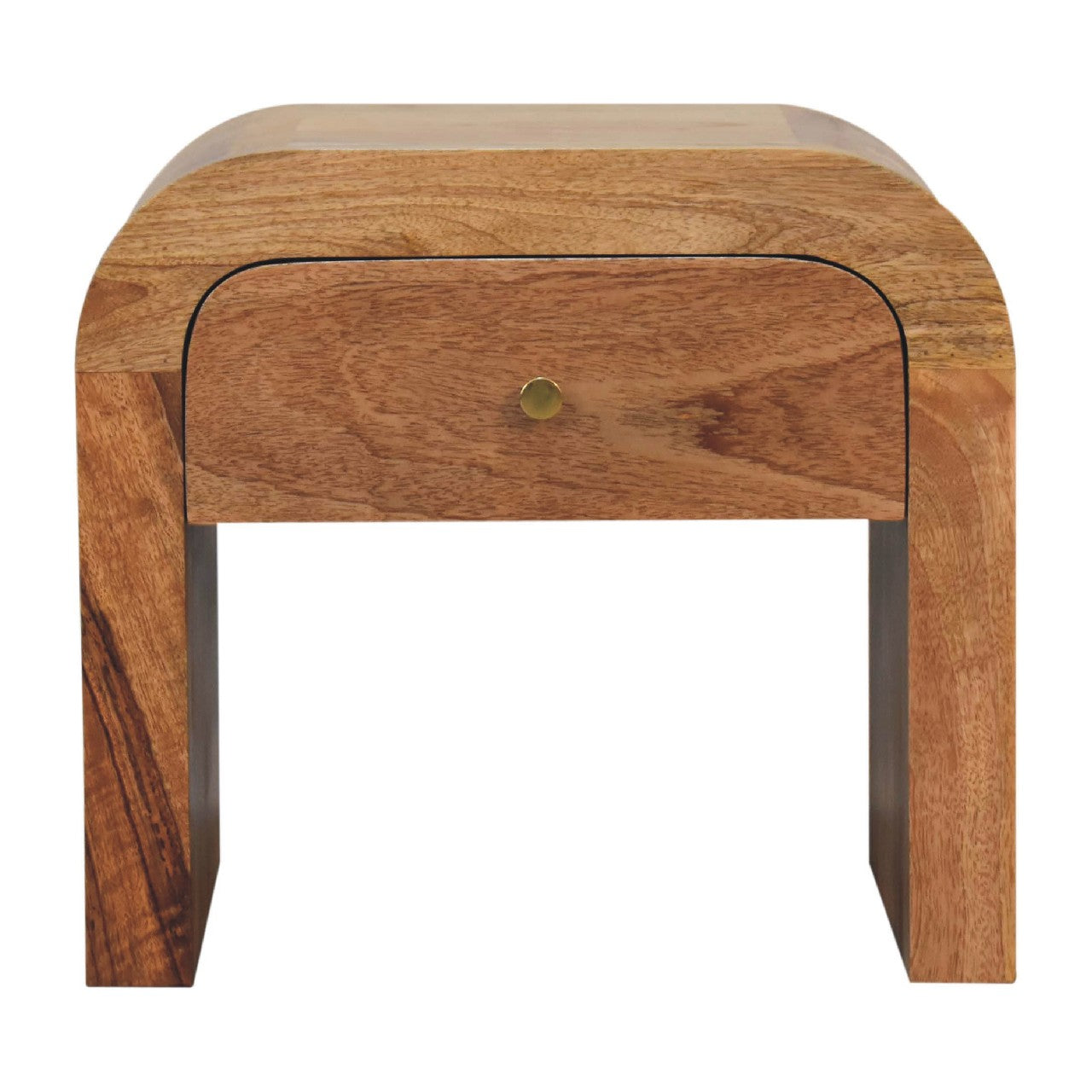 Bedside Solid Wood Darcy by Maple Manor bedside table in honey-brown solid wood with arched drawer and brass knob