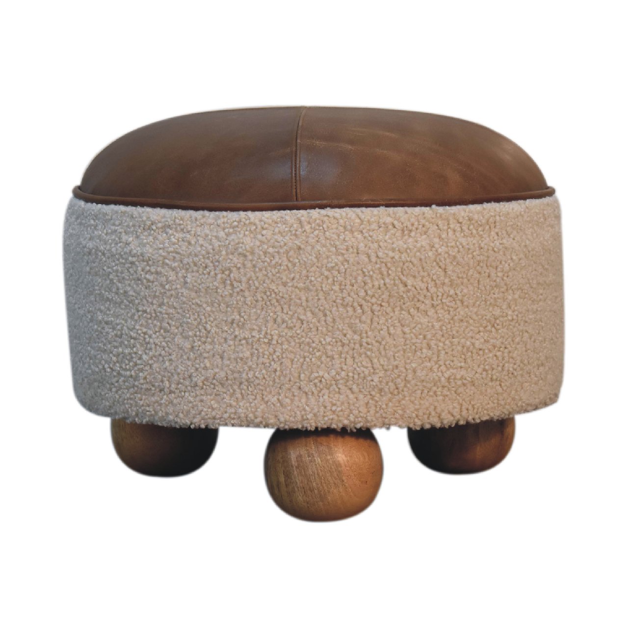 Footstool Cream Boucle Buffalo by Maple Manor stool in cream boucle with solid wood legs and brown top